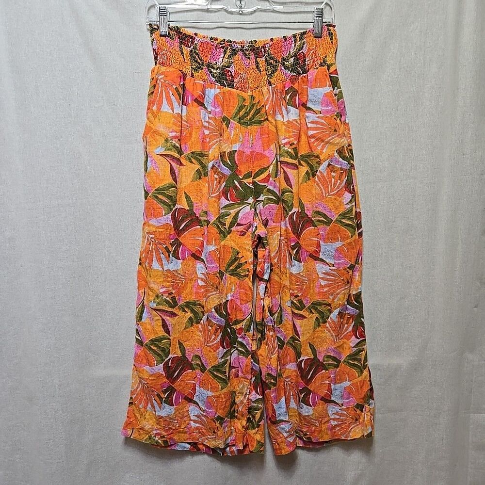 C&C California Linen Pants Palm Leaf Tropical Wide Leg Cropped Large Beachy L